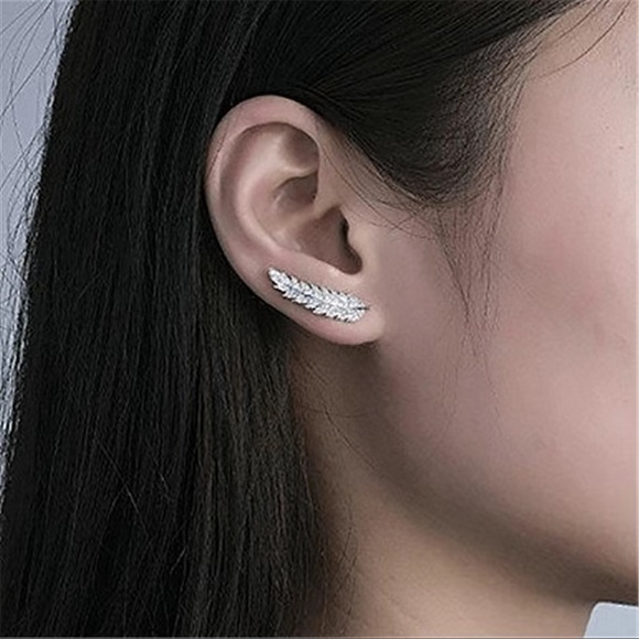 Rhinestone and Silver Angel Feather Post Earrings - Picture 2 of 3